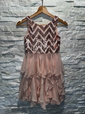 EUC Girl's EMILY WEST Occasion Dress Pink Ruffles Rose Gold Sequins Zip Up 10