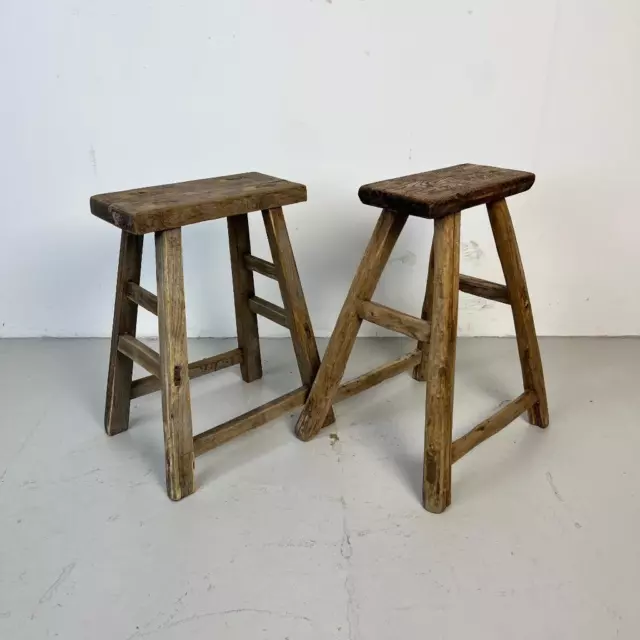 Pair Of Vintage Rustic Antique Wooden Stools Milking Large P409