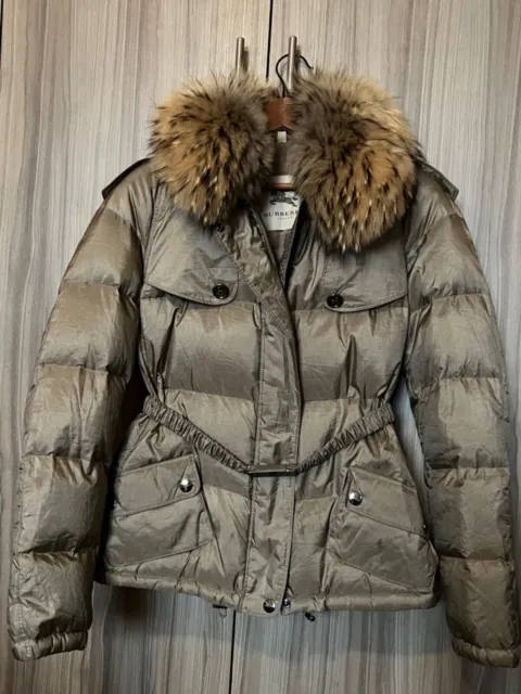 BURBERRY LONDON Fox Fur Quilted Puffer Down BEIGE Jacket Size XL