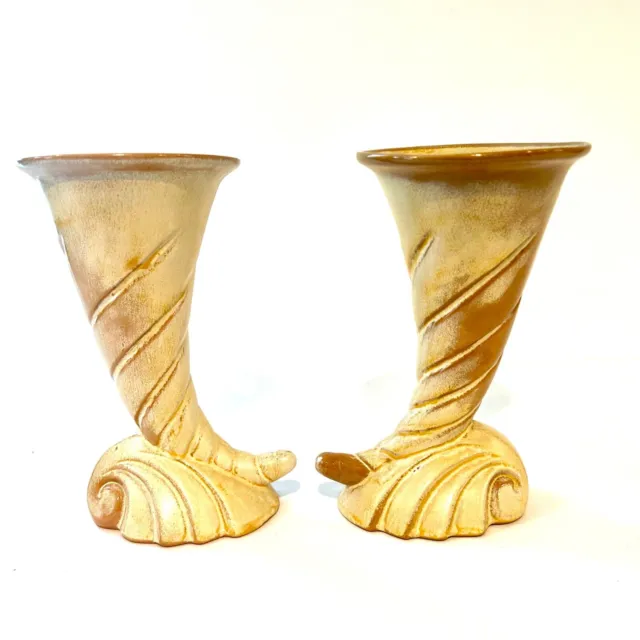 Two Mid Century Modern Frankoma #56 Brown Swirl Pottery Cornucopia Horn Vases