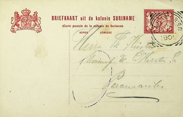 Suriname 1909 5c Postal Karte Von Und Sich Paramaribo