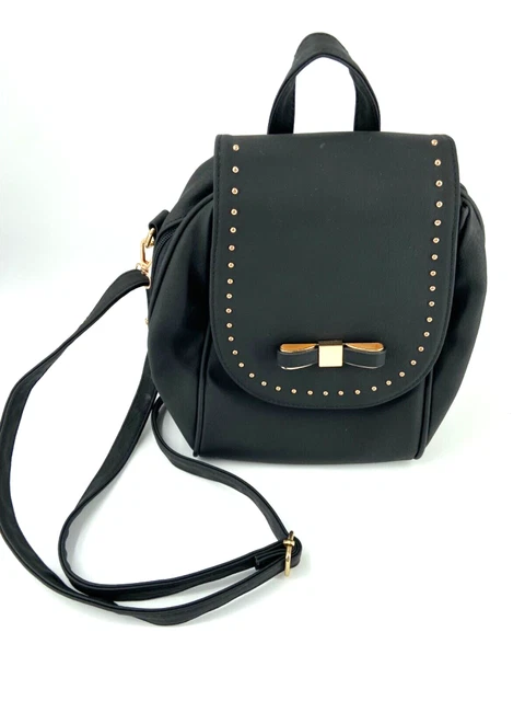 Ivy London Black Backpack Bag Purse Handbag with Gold Bow Stud Accents NWOT