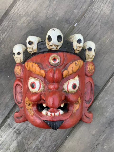 Antique Tibetan  ceremonial wood mask  god MAHAKALA protective demon Red