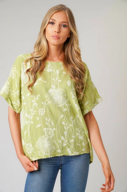 Women's Italian Lagenlook Cotton Top - Batwing 3/4 Sleeve, Lightweight & Relaxed