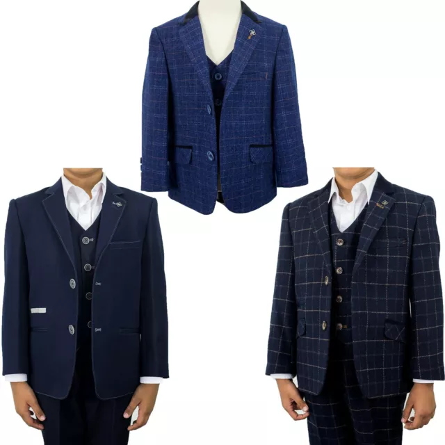 Boys Children's Peaky Blinders Tweed Blue Check 3 Piece Formal Wedding Suit New