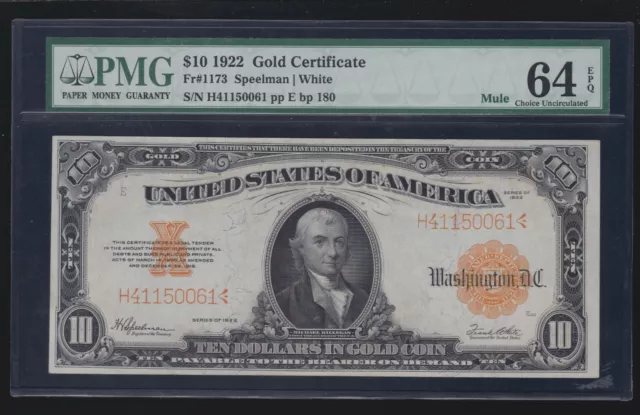 US 1922 $10 Gold Certificate Mule Note FR 1173m PMG 64 EPQ Ch CU (061)