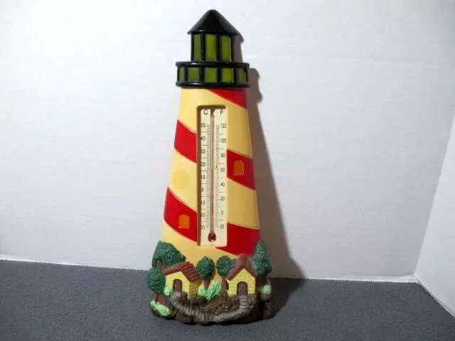 Vtg MCM Plastic Figural Lighthouse Thermometer w Houses Wall Hanging
