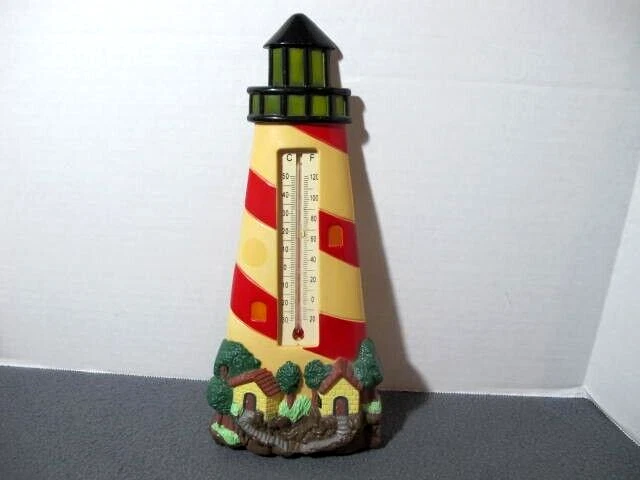 Vtg MCM Plastic Figural Lighthouse Thermometer w Houses Wall Hanging