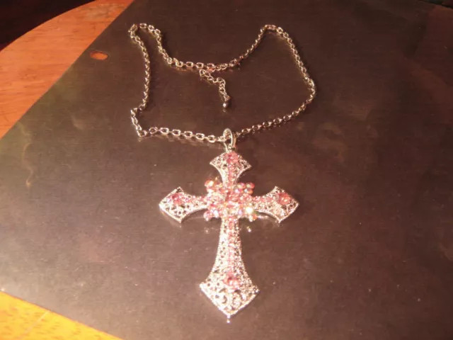Pink Aurora Borealis Rhinestone Filigree Cross Pendant Choker Necklace