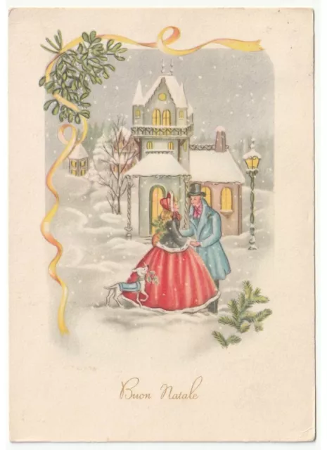 cartolina Buon Natale vintage paese innevato coppia innamorati cane agrifoglio