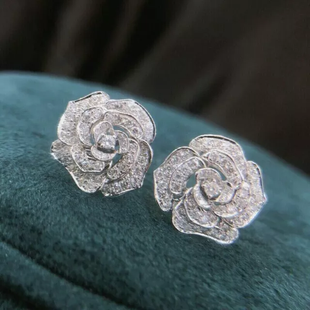 2Ct Round Cut Cubic Zirconia Rose Flower Stud Earrings 925 White Sterling Silver