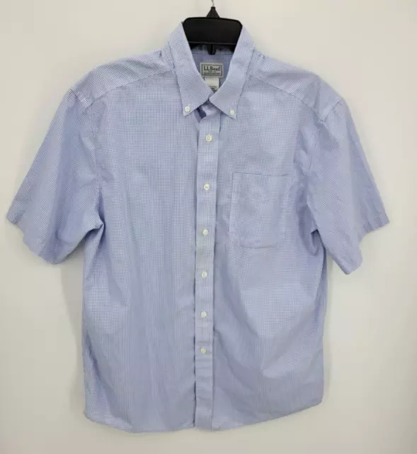 LL Bean Shirt Mens Medium Blue White Check Short Sleeve Button Down Cotton