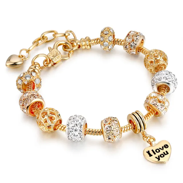 18K Gold Plated Heart Clear CZ Charm Bracelet Made with Swarovski Element