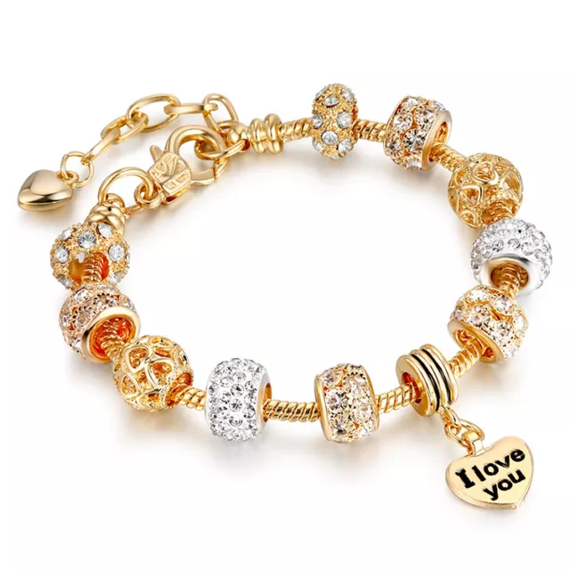 18K Gold Plated Heart " I LOVE YOU " Charm Bracelet Made with Swarovski Element