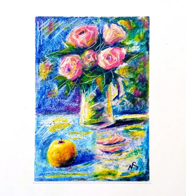 Rose Painting Pink Flowers Original Art Floral Still Life with Apple Oil Pastel