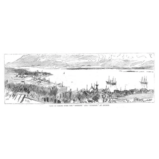 NORWAY View of Molde with the Osborne & Sunbeam at Anchor - Antique Print 1885
