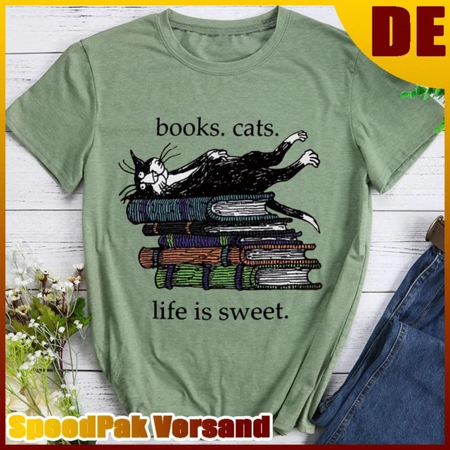 ❥ T-shirt libri gatti life is sweet-verde oliva-XL