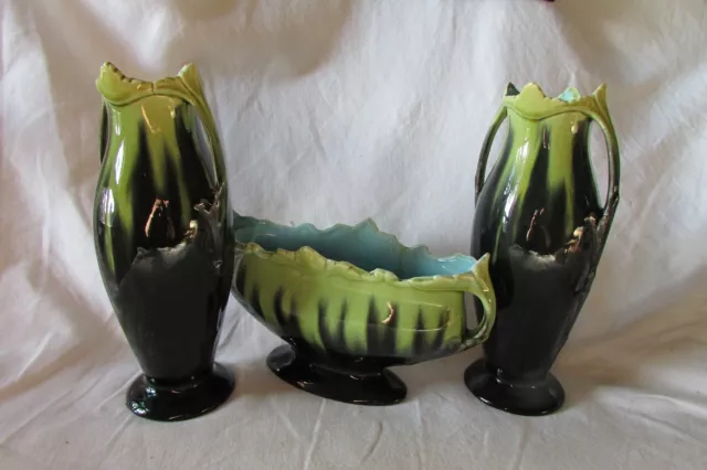 ANTIQUE FRENCH 3 PIECE ORCHIES ART NOUVEAU JARDINIERE 2 MATCHING VASES c1900