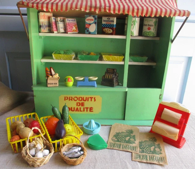 Jouet Ancien - Épicerie Vintage DOLLY ? - Présentoir 34 Pièces Factices - France
