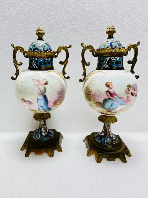 Antique Pair Sevres Porcelain Cloisonne Cherub vases candlesticks 7"