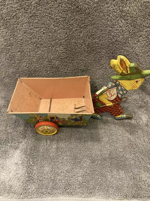 Vintage Tin Toy Rabbit Bunny Wagon J. Chein Tin Litho Roost Trailer Easter Eggs