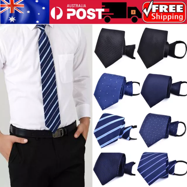 Men's Satin Pre-Tied Zipper Lazy Striped Solid Tie Formal Wedding Party Necktie