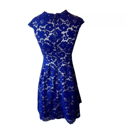 Vince Camuto Womens Lace Fit & Flare Dress V Neck Scalloped Floral Navy Size 0P 2