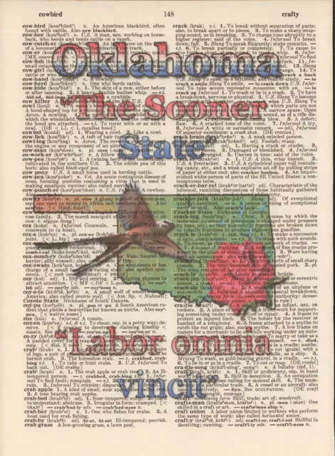 Oklahoma State Map Symbols Altered Art Print Upcycled Vintage Dictionary Page