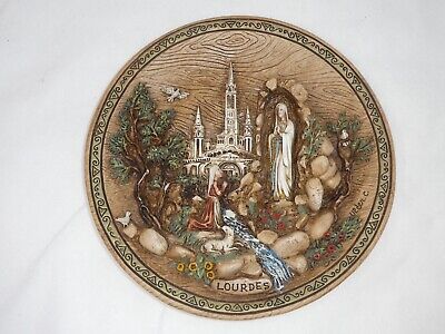 Vintage Mcm Creart Italy Our Lady Lourdes Hand Painted 3D Wall Plate Plaque