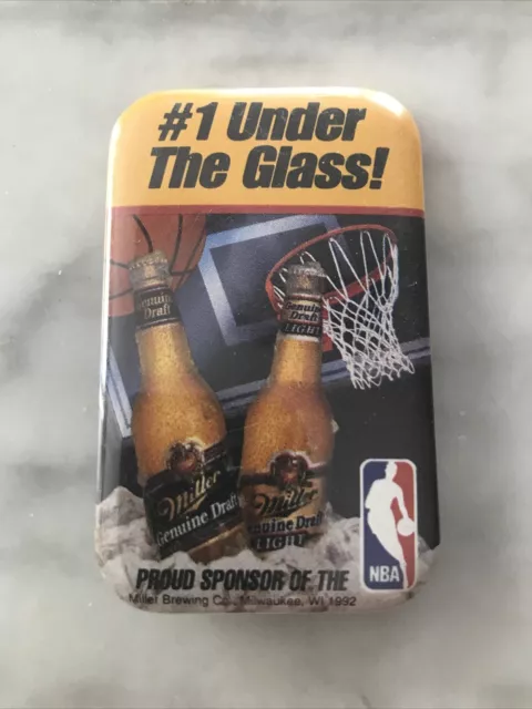 VTG. MILLER GENUINE DRAFT  “# 1 Under The Glass” pin back button SPONSOR OF NBA