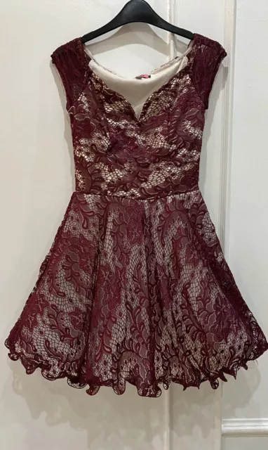 Chi Chi London Puffy Skater Layered Lace Party Dress-Cherry Colour Size XS New