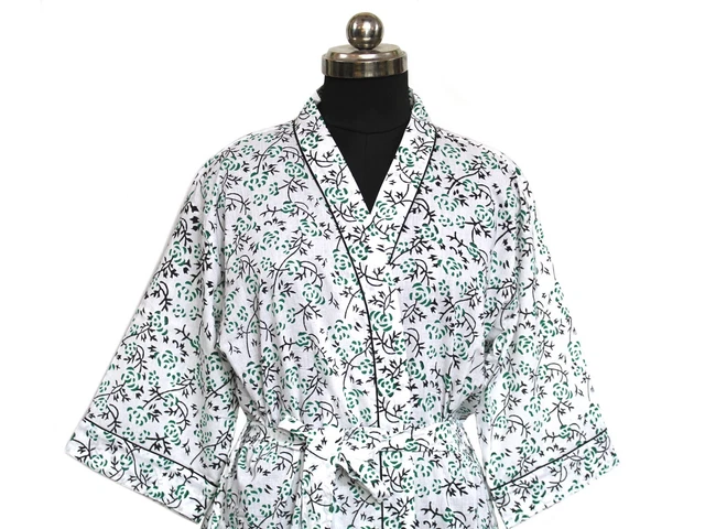 Floral Print Cotton Kimono Robe NightWear Dress, Hand Block Print Dressing Gown