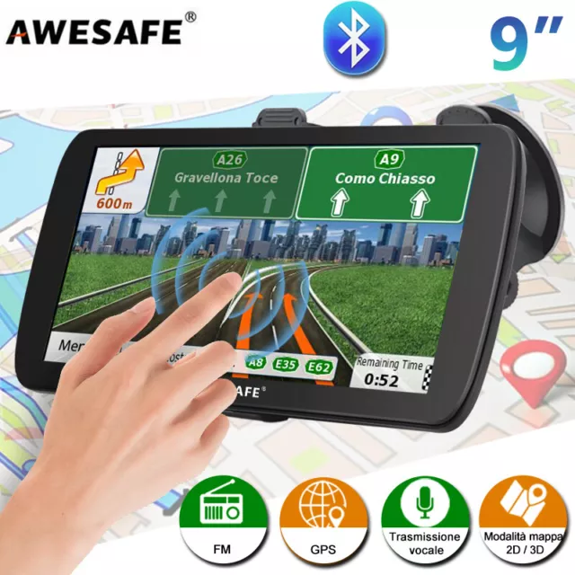 9"AWESAFE GPS Navigatore Satellitare Auto Camion Bluetooth Navigazione 8GB Mappa