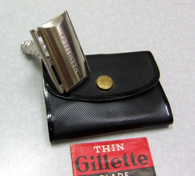 Vintage 1970 Gillette Spiral Travel Tech DE Safety Razor Set in Case