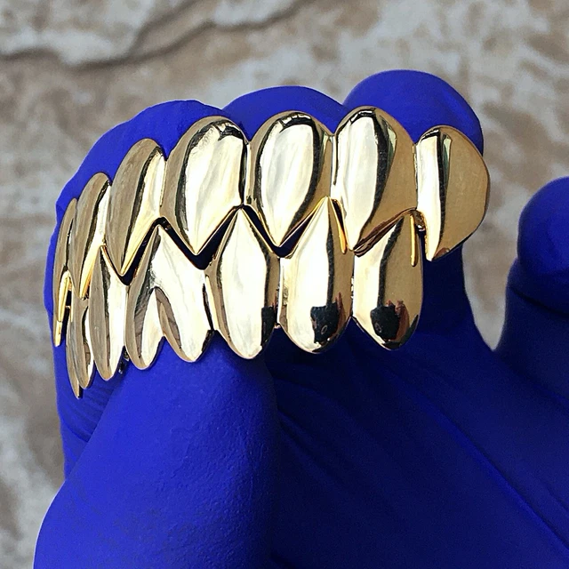 14K Gold Plated Shark Grillz 8 Top & Eight Bottom Teeth Set Vampire Fangs Grills