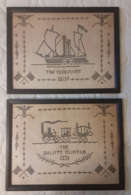 2 Antique 19th Century Sampler / Needlepoint -  Steamship / Train - Americana