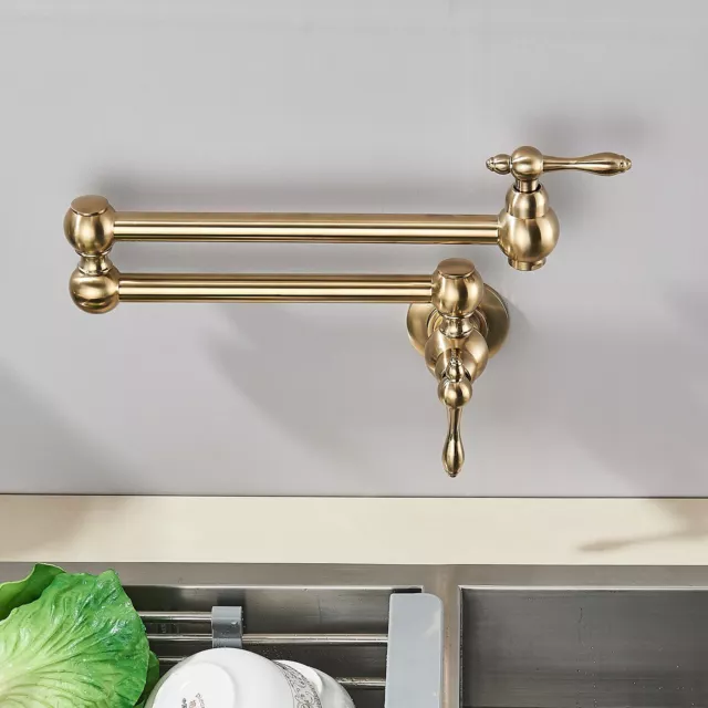 Brushed Gold Kitchen Faucet 360° Wall Mount Swing Arm Kitchen Sink Mixer Tap UK