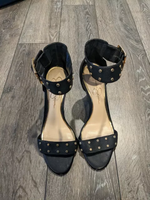 Jessica Simpson Elonna 2 Black Size 9M Gold Buckle Ankle Strap Studded Heels