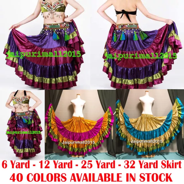 Mix Color Satin 6/12/25 Yard Tiered Gypsy Skirt Belly Dance Flamenco Renaissance