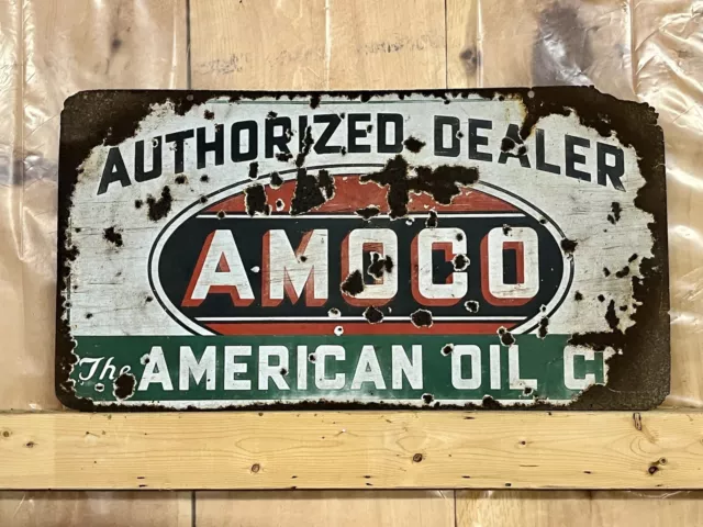 Original AMOCO AMERICAN OIL COMPANY PORCELAIN SIGN AUTHENTIC 1920’s OLD GAS Old