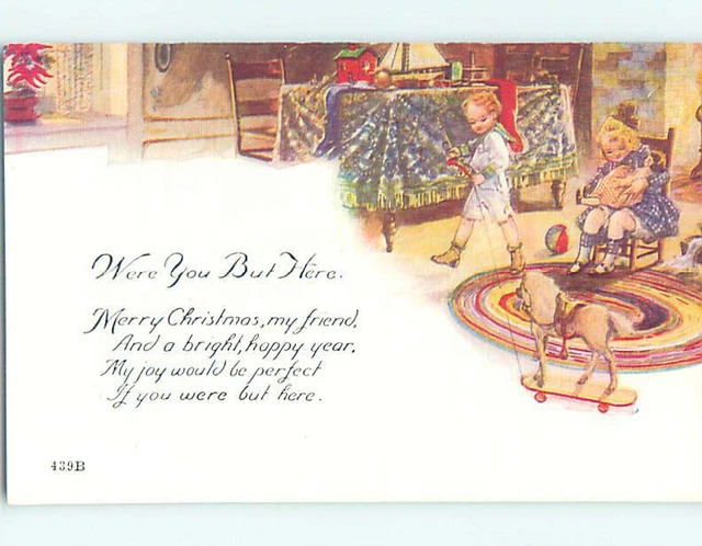 Pre-Linen christmas GIRL WITH NEW DOLL & BOY WITH ANTIQUE HORSE PULL TOY HQ7278