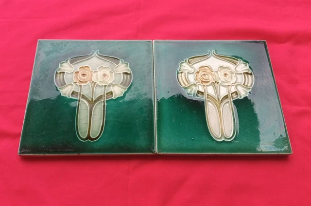 2 Piece Old Art Floral Design Embossed Majolica ceramic Tiles England 0188 2