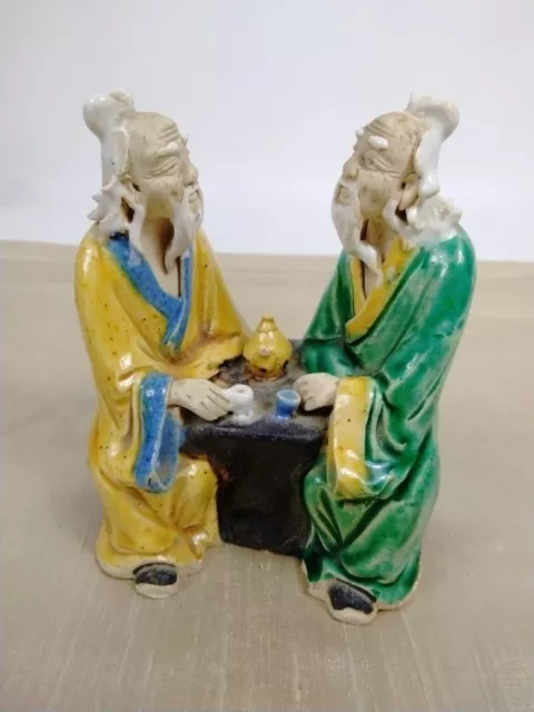 Rare Pair Antique Chinese 2 Mud Men Mudman Figure CHINA Vintage Having Tea Table