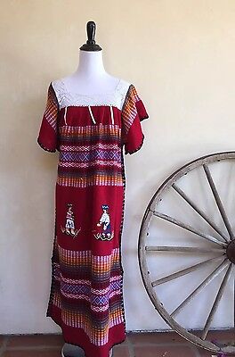 PERUVIAN MEXICAN SOUTH AMERICAN DRESS Vtg Colorful Stripes Hand Woven Long M/L