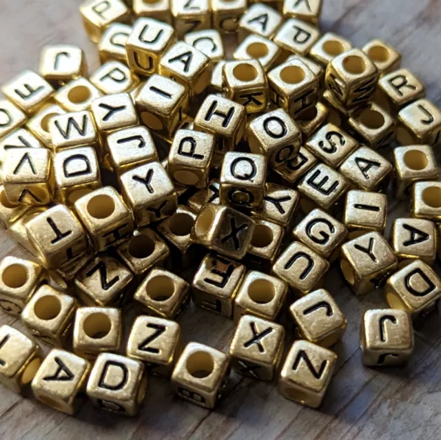 Bulk 100 Letter Beads Random Gold and Black Cube 6mm Spelling Alphabet