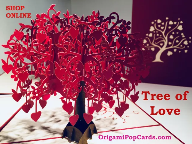 Origami Pop Cards Red Heart Tree of Love 3D Pop Up Greeting Card Valentines Day