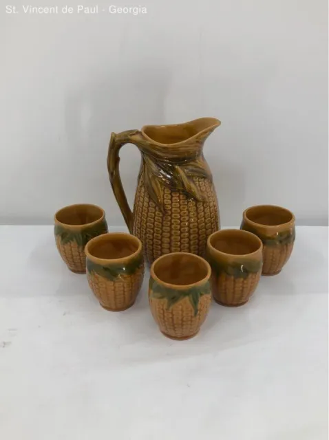 Rare Griffin Smith Hill Etruscan Majolica 71/4" Corn Pitcher Cup Set Vintage