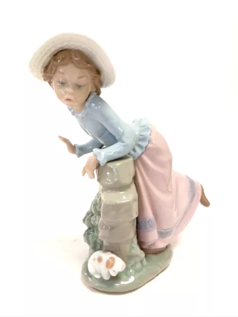 Nao Lladro 1981 Daisa Porcelain Figurine Girl Stone Wall Puppy Dog 9”