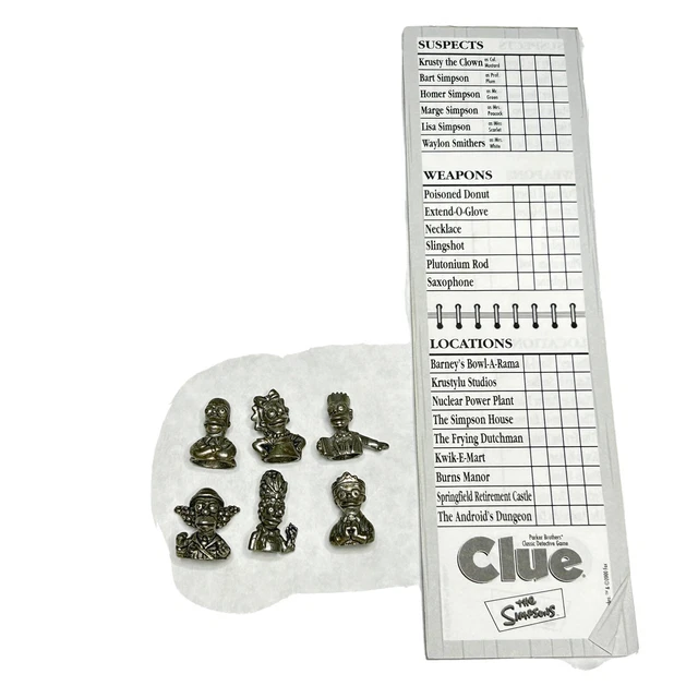 THE SIMPSONS CLUE Board Game Suspect Pieces & Game Pad 6 Metal Pieces