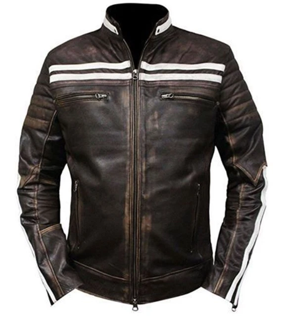 Uomo Vintage Motociclista Bianco Cinghie Moto Affliggere pelle Marrone Giacca